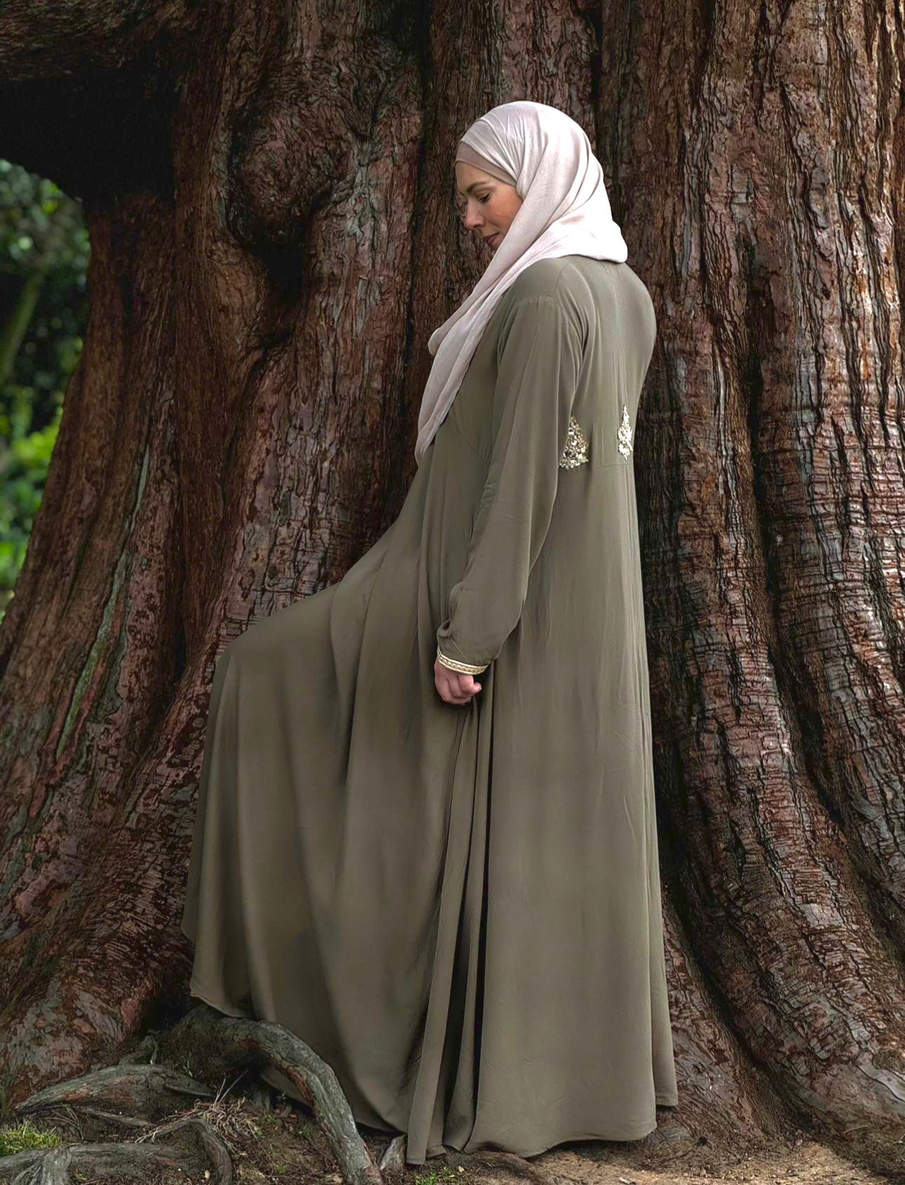 Khaki Green Embellished Abaya