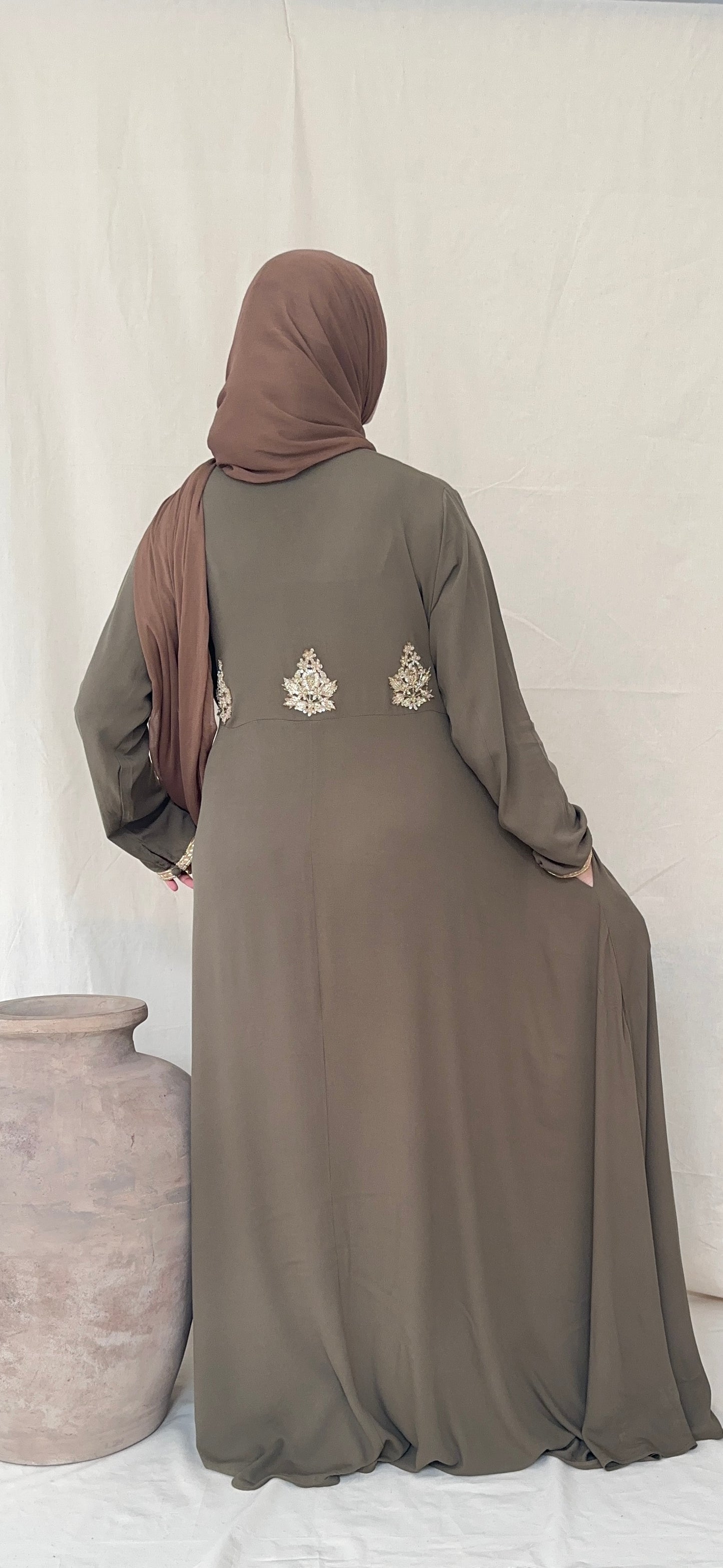Khaki Green Embellished Abaya