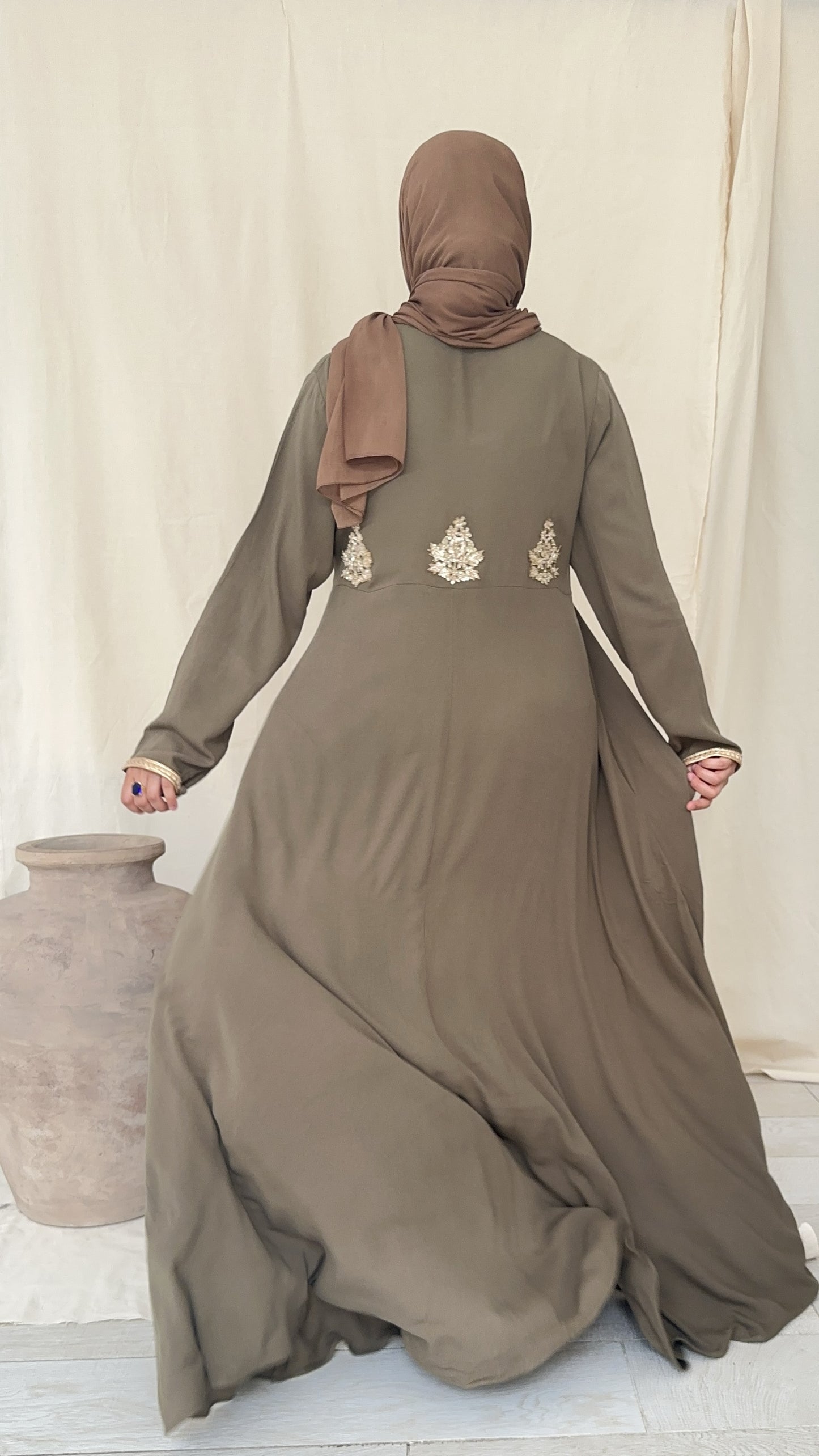 Khaki Green Embellished Abaya
